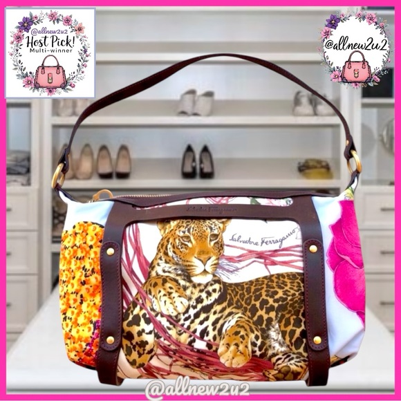 Salvatore Ferragamo Gancini Shoulder Bag Floral Animal Print Multi-Host Pick! - Picture 3 of 16